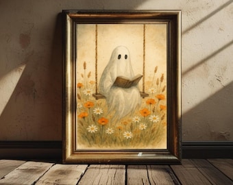 Halloween Gespenst Print: Wildblumen Wiese, Gruselige Herbst Deko (Instant Download