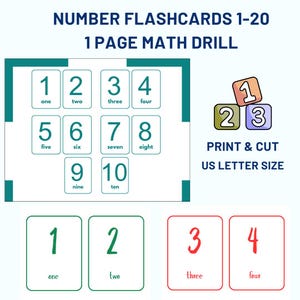 Number Flashcards 1-20 and  Math Drills for Kids | Preschool Kindergarten Printable Numbers | 1-20 Counting Flashcards & Addition Practice
