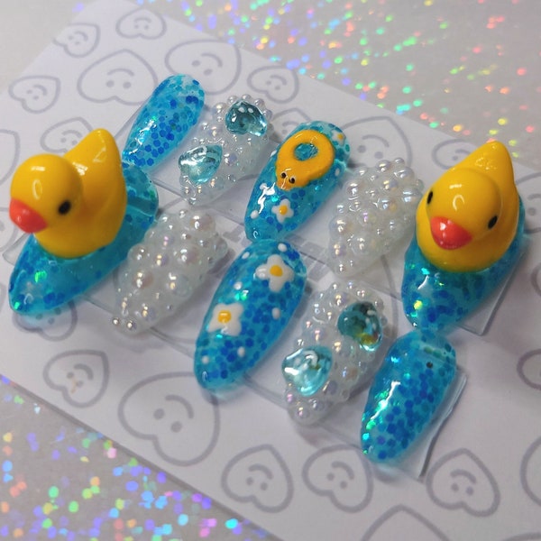 Press-on Nails Handmade 3D Glitter Holo Animal Duck Glow Bubble Almond Kawaii 02