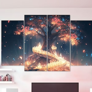 May include: A digital art print of a glowing tree with a winding path leading up to the branches. The tree is surrounded by a dark blue background with white and blue glowing lights.