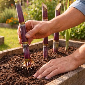 Op de afbeelding: Een persoon plant suikerrietstengels in een houten plantenbak gevuld met aarde. De suikerrietstengels zijn paars met groene bladeren. De achtergrond toont een tuin met bloemen en groen gras.
