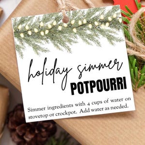Może przedstawiać: Biała etykieta z napisem "holiday simmer POTPOURRI" czarnym pismem i pogrubioną czcionką. Etykieta jest ozdobiona zieloną girlandą i łańcuchami świetlnymi. Instrukcje są wydrukowane poniżej.