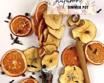 May include: A clear plastic cone-shaped bag filled with dried apple slices, orange slices, and whole spices, tied with twine and a tag labeled autumn SIMMER POT. Loose dried orange slices, apple slices, cinnamon sticks, and cloves surround the bag.