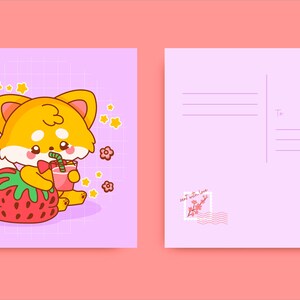 Pause casse-croûte aux fraises | Impression d'art kawaii | Carte postale de 4,75 po. x 4,75 po.