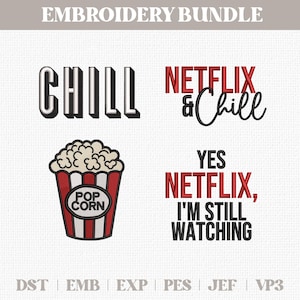 Netflix en Chill Tv Popcorn Movie Night Cinema Borduurwerk Instant downloadbestanden