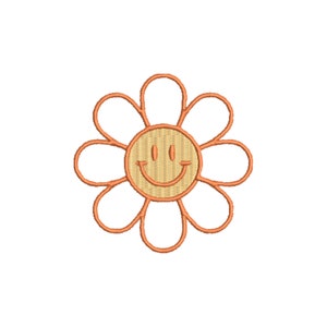 May include: Orange embroidered flower with a yellow smiley face in the center.