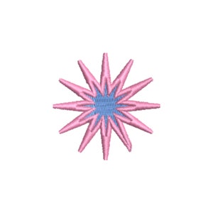 May include: A pink and blue starburst design with a 12-point star shape.