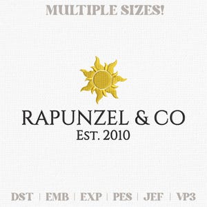 May include: A logo design featuring a golden sun emblem above the text "RAPUNZEL & CO" and "EST. 2010" in black. The words "MULTIPLE SIZES!" are at the top. Below are file format abbreviations. The design is on a white background.