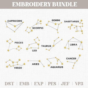 Paquete de diseños de bordado de signos del zodíaco, constelaciones astrológicas, signos estelares, horóscopo.