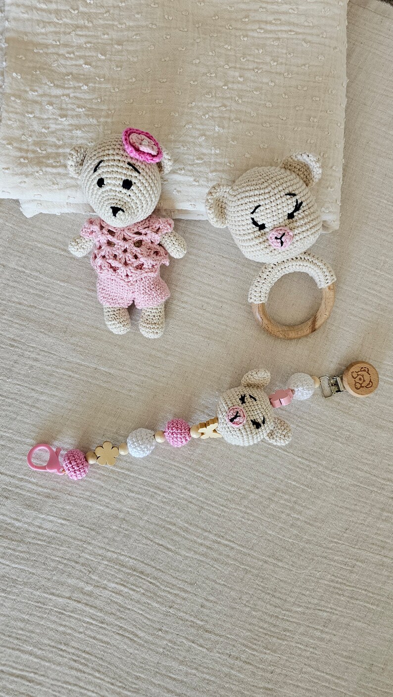 Handmade Crochet Newborn Teddy Bear Gift Set (3pc) – Pom-Pom Hat, Baby Shower Gift main image 1