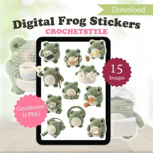 Könnte beinhalten: Digitale Frosch-Sticker mit 15 Illustrationen von grünen Fröschen im Häkelstil bei verschiedenen Aktivitäten wie Lesen, Baden oder mit Kopfhörern. Das Set enthält Goodnotes- und PNG-Dateien zur digitalen Nutzung, dargestellt auf einem Tablet.