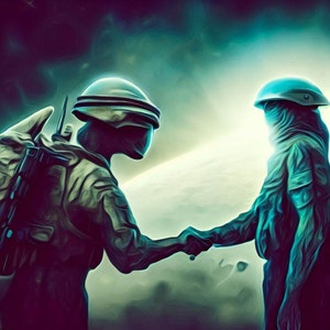 Puede incluir: Dos astronautas con trajes espaciales futuristas se dan la mano con el fondo de un planeta distante y un cielo estrellado.