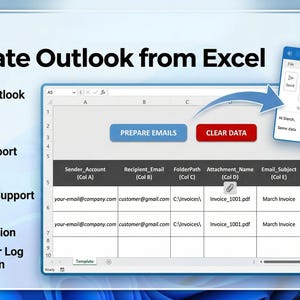 May include: A screenshot shows a spreadsheet with data and buttons labelled "Prepare Emails" and "Clear Data." The image promotes automating Outlook from Excel, with features like one-click automation and multi-sender account support.