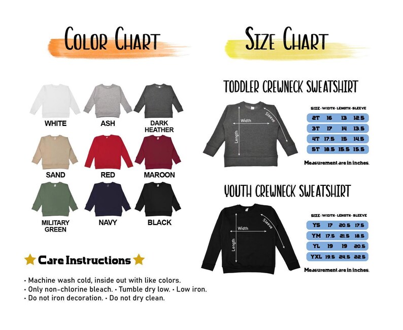 Puede incluir: Una carta de colores con sudaderas de cuello redondo en blanco, ceniza, gris oscuro, arena, rojo, granate, verde militar, azul marino y negro. Una tabla de tallas para ni&ntilde;os muestra el ancho, largo y manga en pulgadas.