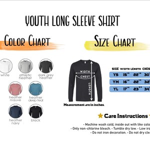 The image is a color chart and size chart for a youth long sleeve shirt. It displays various color options and corresponding measurements for the chest, shoulders, and arms. The chart also includes care instructions for washing and ironing the shirt.