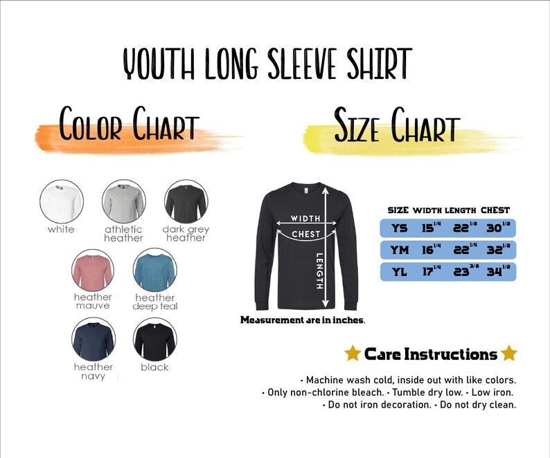 The image is a color chart and size chart for a youth long sleeve shirt. It displays various color options and corresponding measurements for the chest, shoulders, and arms. The chart also includes care instructions for washing and ironing the shirt.