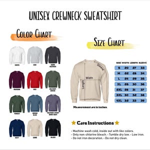 Puede incluir: Una tabla de colores y tallas para sudadera de cuello redondo con etiquetas de texto para blanco, ceniza, gris oscuro, granate, rojo, verde militar, bosque, azul &iacute;ndigo, azul marino, arena y negro. Incluye una tabla de tallas en pulgadas.