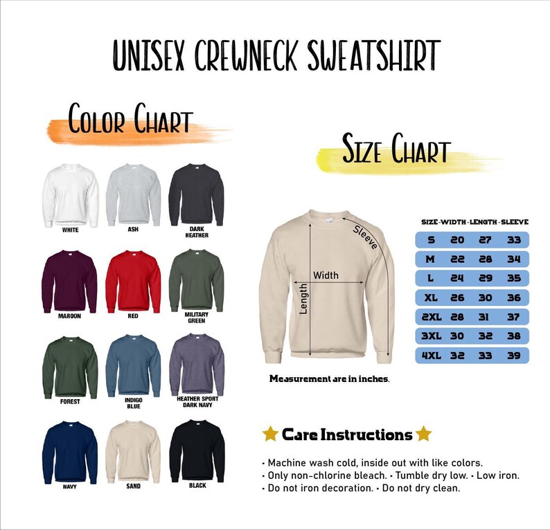 Puede incluir: Una tabla de colores y tallas para sudadera de cuello redondo con etiquetas de texto para blanco, ceniza, gris oscuro, granate, rojo, verde militar, bosque, azul &iacute;ndigo, azul marino, arena y negro. Incluye una tabla de tallas en pulgadas.