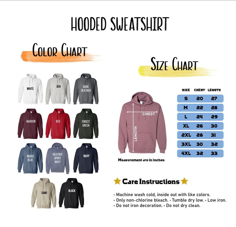 Puede incluir: Una tabla de colores y tallas de sudadera con capucha que presenta once opciones de color, incluyendo blanco, ceniza, gris oscuro, granate, rojo, verde bosque, azul &iacute;ndigo, azul marino, arena y negro. Incluye una tabla de tallas en pulgadas.
