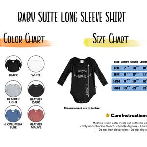 The image is a color chart and size chart for a baby suite long sleeve shirt. It displays various color options and corresponding measurements for the chest length.