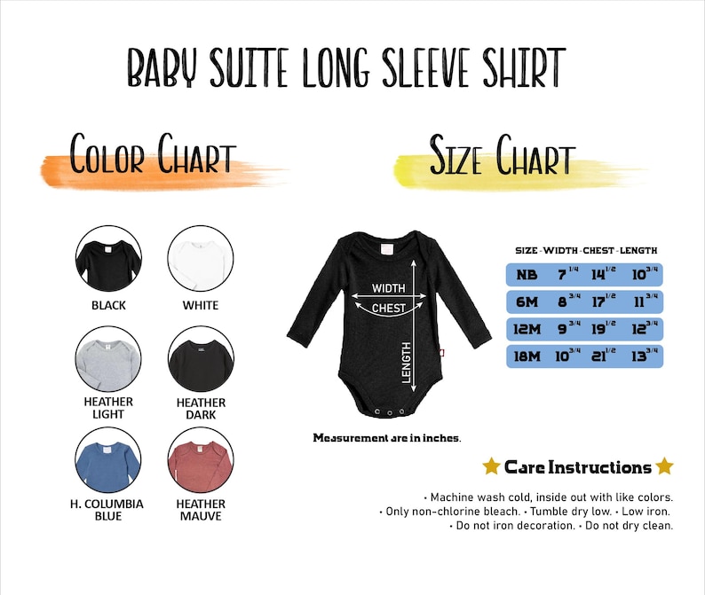 The image is a color chart and size chart for a baby suite long sleeve shirt. It displays various color options and corresponding measurements for the chest length.