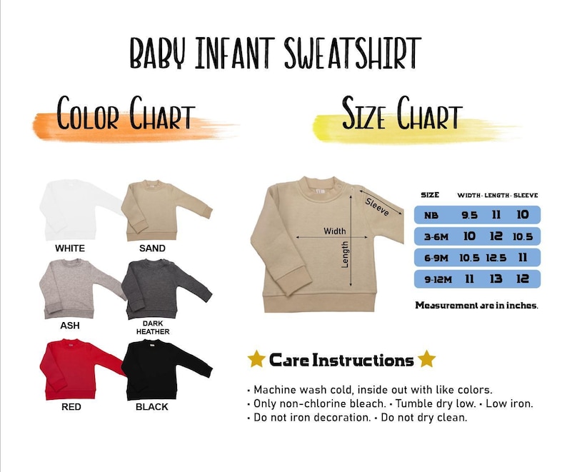 Puede incluir: Una tabla de colores y tallas para sudaderas de beb&eacute;. La carta de colores muestra opciones en blanco, arena, ceniza, gris oscuro, rojo y negro. Una tabla de tallas incluye medidas en pulgadas para NB, 3-6M, 6-9M y 9-12M. Instrucciones de cuidado.