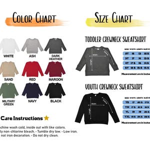 以下が含まれることがあります： 幼児および若者向けのクルーネックのトレーナーの色見本とサイズチャート。色見本には、白、アッシュ、ダークヘザー、サンド、赤、マルーン、ミリタリーグリーン、ネイビー、黒など、さまざまなトレーナーの色が表示されます。インチ単位のサイズ。