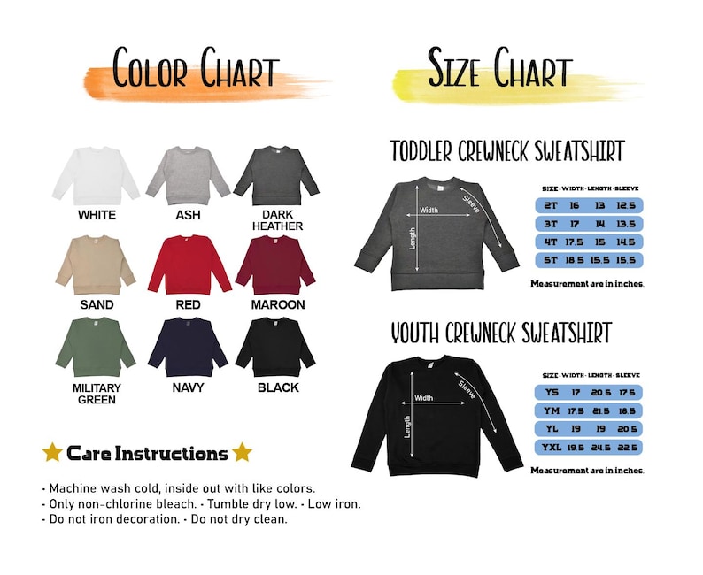 以下が含まれることがあります： 幼児および若者向けのクルーネックのトレーナーの色見本とサイズチャート。色見本には、白、アッシュ、ダークヘザー、サンド、赤、マルーン、ミリタリーグリーン、ネイビー、黒など、さまざまなトレーナーの色が表示されます。インチ単位のサイズ。