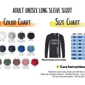 The image is an adult unisex long sleeve shirt size chart, which includes color charts and size charts for different shirt styles and measurements.