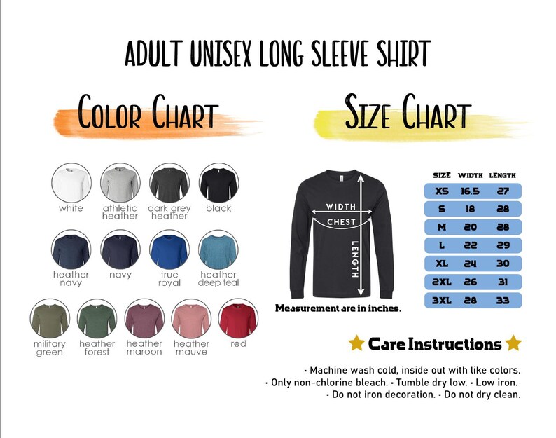 The image is an adult unisex long sleeve shirt size chart, which includes color charts and size charts for different shirt styles and measurements.