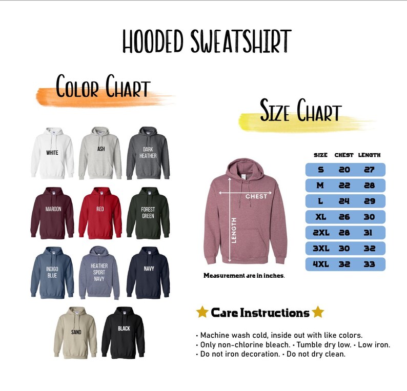 以下が含まれることがあります： フード付きスウェットシャツの色見本とサイズチャート。色見本には、白、アッシュ、ダークヘザー、マルーン、赤、フォレストグリーン、インディゴブルー、ヘザースポーツネイビー、サンド、ブラックなど、さまざまなスウェットシャツの色が表示されています。サイズはインチです。