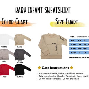 以下が含まれることがあります： 白い背景に、ベビー用スウェットシャツの色とサイズのチャートが表示されています。カラーチャートには、白、砂、アッシュ、ダークヘザー、赤、黒のスウェットシャツが掲載されています。サイズチャートには、センチメートル単位の寸法が記載されています。