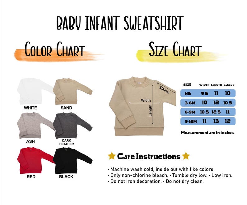 以下が含まれることがあります： 白い背景に、ベビー用スウェットシャツの色とサイズのチャートが表示されています。カラーチャートには、白、砂、アッシュ、ダークヘザー、赤、黒のスウェットシャツが掲載されています。サイズチャートには、センチメートル単位の寸法が記載されています。