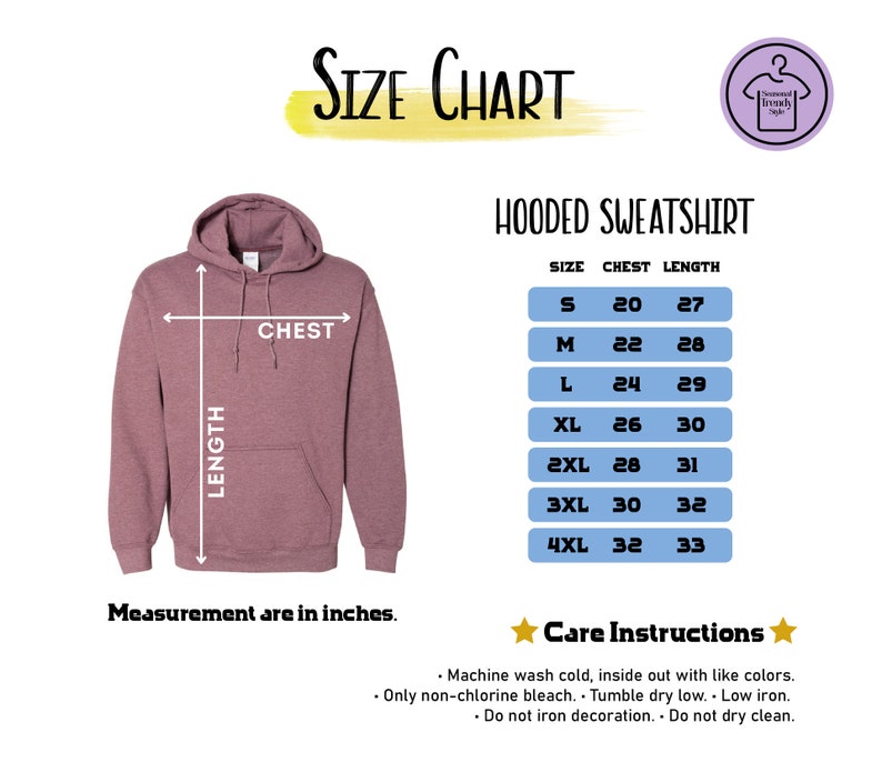 a size chart for a hoodie sweatshirt with measurements