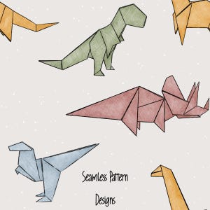 Puede incluir: Un diseño de patrón sin costuras con dinosaurios de origami en varios colores, incluyendo verde, rojo, azul y naranja, sobre un fondo beige claro. El texto "Seamless Pattern Designs" está en la parte inferior.