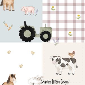 Può includere: Disegni di motivi senza cuciture ad acquerello con animali della fattoria, tra cui un cavallo, un maiale, una mucca, una pecora e una gallina. Il design include anche un trattore, carote ed elementi floreali. Il testo "Seamless Pattern Designs" è in basso.