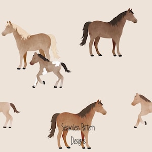 May include: Seamless pattern design featuring illustrations of horses in various shades of brown, tan, and white. The horses are depicted in different poses against a neutral background. The text "Seamless Pattern Designs" is visible.