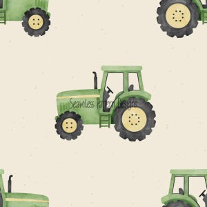 May include: A seamless pattern featuring watercolour illustrations of green tractors with yellow wheels and black tyres on a light cream background. The text Seamless Pattern Designs is visible in black script across the centre of the main tractor.