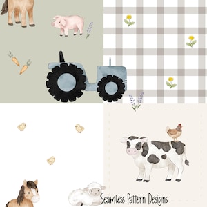May include: A seamless pattern design featuring watercolor illustrations of farm animals and elements. The design includes a horse, pig, tractor, chicks, cow, sheep, and a chicken. The background has plaid and solid color blocks.