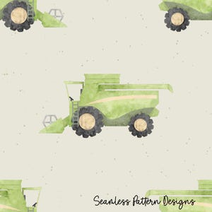 May include: A repeating pattern of green combine harvesters with black wheels and tan details on a light beige backdrop. The words "Seamless Pattern Designs" are written in black script at the bottom of the image.