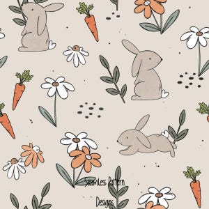 May include: A seamless pattern design featuring cartoon bunnies, carrots, and flowers in a whimsical style. The bunnies are light brown, the carrots are orange, and the flowers are white and orange, set against a beige background. The text "Seamless Pattern Designs" is at the bottom.