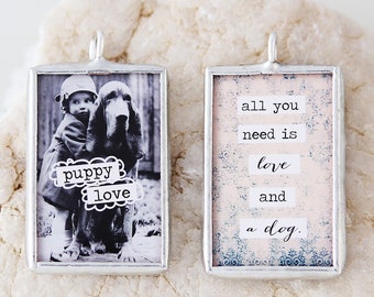 Puppy Love Soldered Photo Charm, Handmade charm, Collage Art Charm, dog charm, puppy charm, mixed media charm, soldered pendant, dog lover