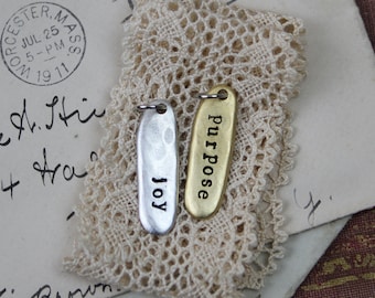 Hand Stamped Charm, Personalized, Custom, Choose your own word, oval shape, silver, gold, custom name charm, mom charm, mom necklace