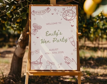 Placa de boas-vindas editável para despedida de solteira, desenhada à mão: decoração rosa e verde para chá de panela (modelo Canva A1/A2)