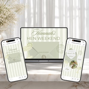 Könnte beinhalten: Ein Laptop und zwei Smartphones zeigen eine digitale Einladung für Hannah's Hen Weekend. Das Design umfasst einen salbeigrünen gestreiften Hintergrund, ein zentrales Umschlag-Symbol, ein Cocktailglas und eine Discokugel-Grafik mit Text.
