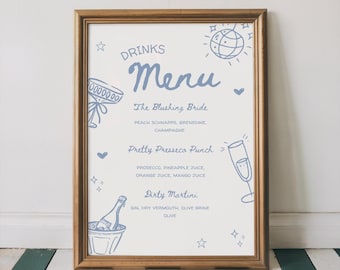 Bridal Shower Drinks Menu Template – Editable Bachelorette Cocktail Sign – Blue and White Drinks Menu Printable A4 and US Letter Head