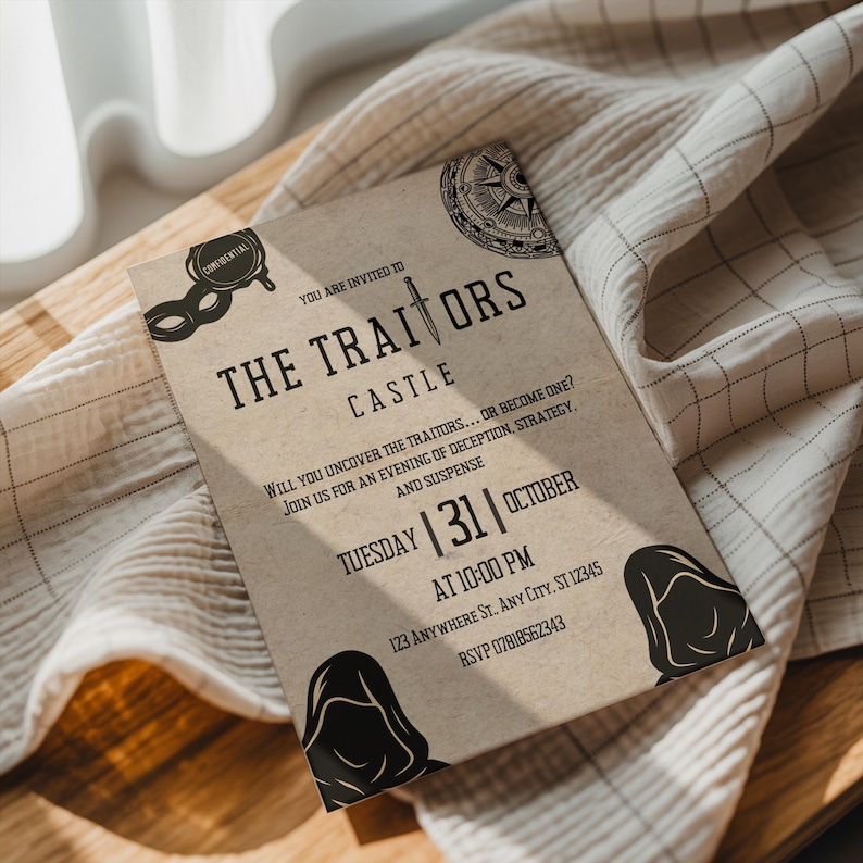 K&ouml;nnte beinhalten: Eine Einladungskarte im Vintage-Stil mit dem Text "The Traitors Castle" in einer serifenbetonten Schriftart. Die Einladung enth&auml;lt eine Maske, einen Kompass und Kapuzenfiguren. Das Datum ist der 31. Oktober um 22:00 Uhr. Die Einladung hat einen beigen Hintergrund.