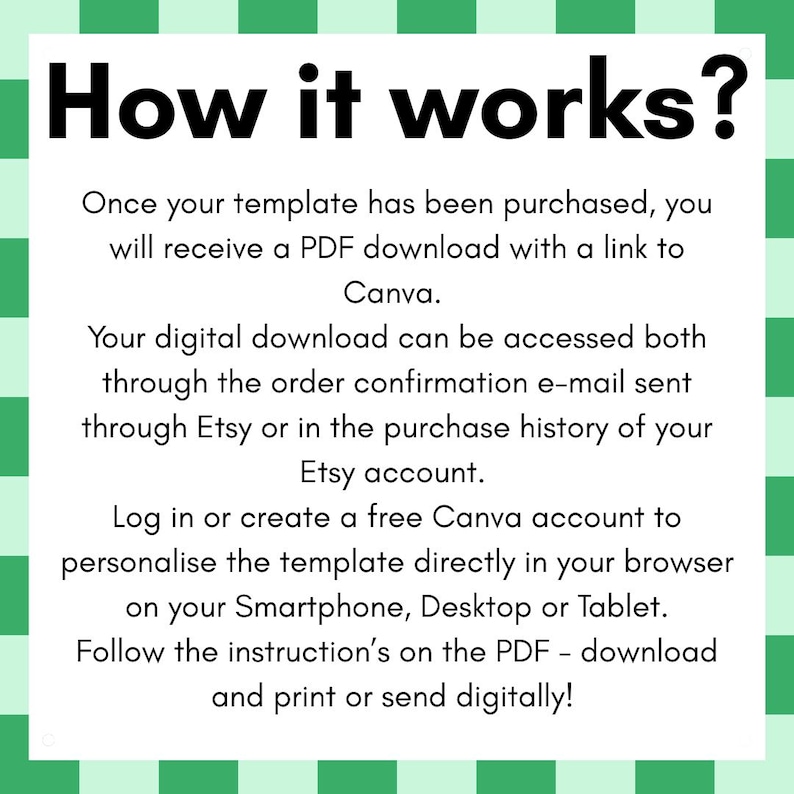 May include: White background with green border and text that reads "How it works?". Instructions explain how to access a digital template after purchase, including a link to Canva and access through Etsy.