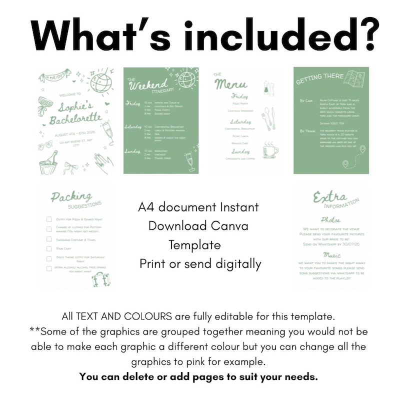 May include: A digital template for a bachelorette party, featuring a menu, itinerary, packing suggestions, and extra information. The design includes green and white text and graphics, with the text "What's included?" at the top.