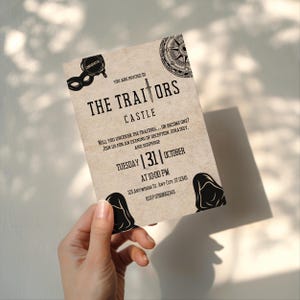 May include: A vintage-style invitation card with the text "The Traitors Castle" and event details. The card features a compass, mask, and hooded figures. The event is scheduled for Tuesday, October 31st, at 10:00 PM.